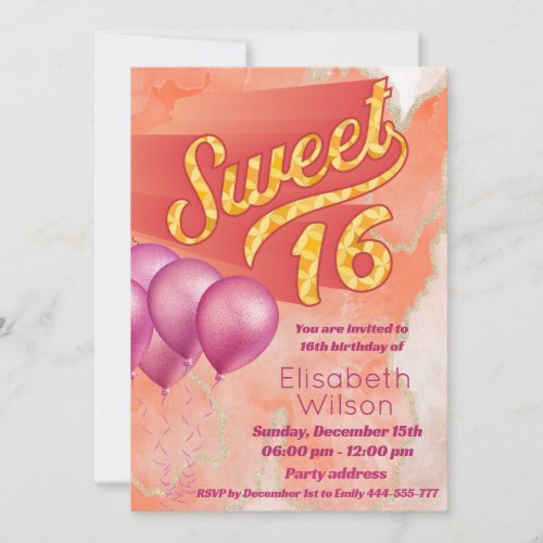 Modern cool watercolor pink orange sweet 16 invitation