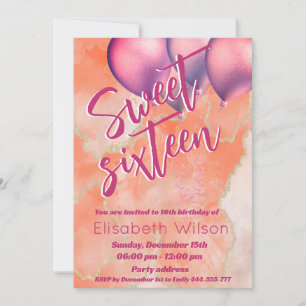 Modern cool watercolor pink orange sweet 16 invitation