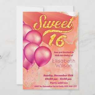 Modern cool watercolor pink orange sweet 16 invitation