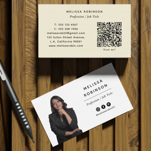 Modern Cool Yellow Cream QR Code and Custom Photo  Business Card