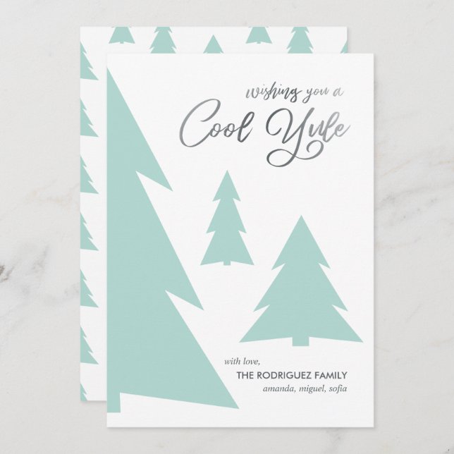 Modern Cool Yule Script Light Green Trees Holiday Card (Front/Back)
