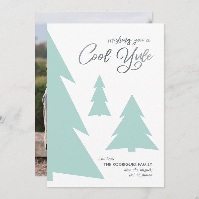 Modern Cool Yule Script Light Green Trees Photo Holiday Card (Front/Back)