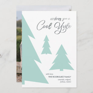 Modern Cool Yule Script Light Green Trees Photo Holiday Card