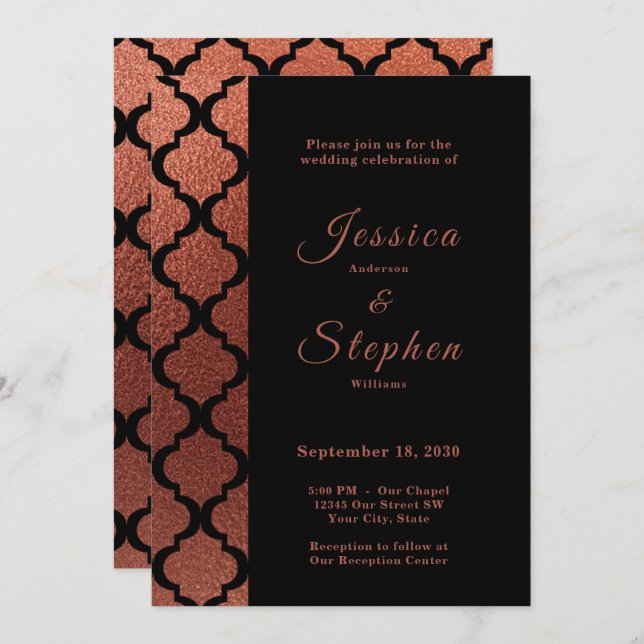 Modern Copper & Black Elegant Moroccan Wedding Invitation (Front/Back)
