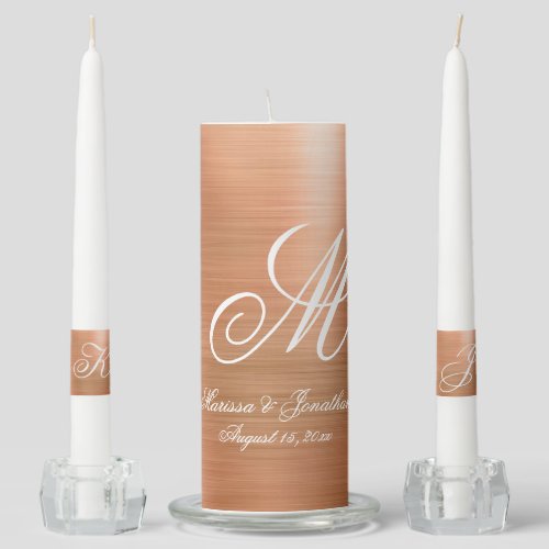 Modern Copper Brushed Metallic Monogram Wedding Unity Candle Set