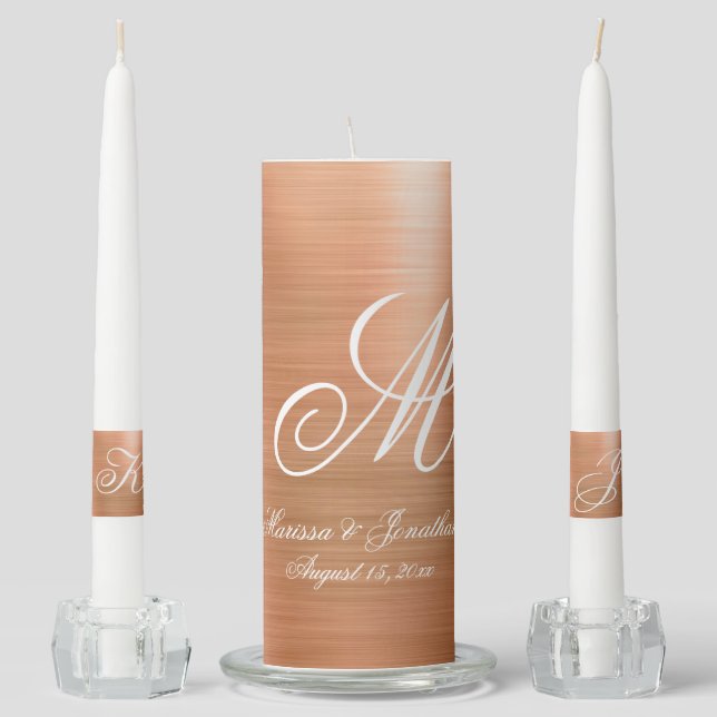 Modern Copper Brushed Metallic Monogram Wedding Unity Candle Set (Front)