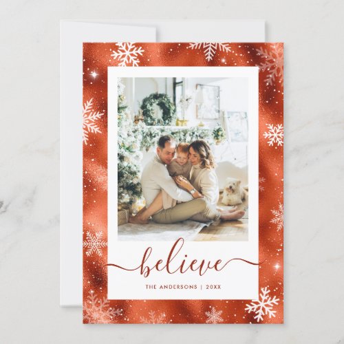 Modern Copper Foil Photo Believe Christmas Cards