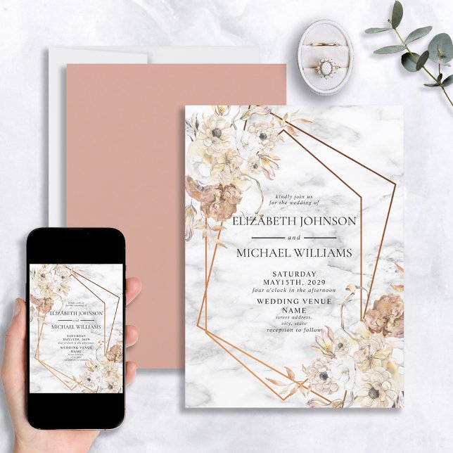 Modern Copper Geometric Blush Watercolor Floral Invitation (Creator Uploaded)