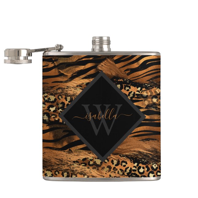 Modern Copper Glitter Script Monogram Flask (Opened)