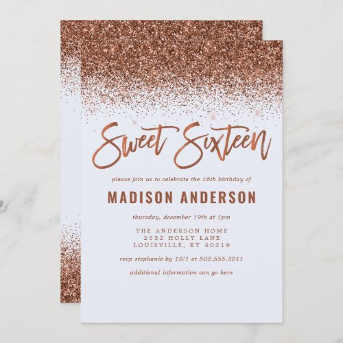 Modern Copper Glitter Sweet 16 Birthday Party Invitation