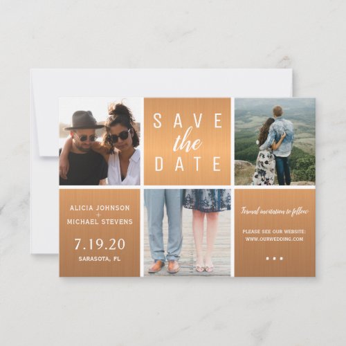 Modern copper gold glitter 3 photo collage wedding save the date