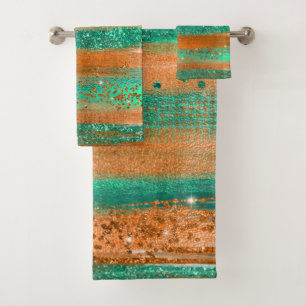 Modern Copper Green Brush Strokes Bath Towel Set