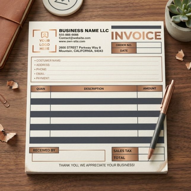Modern Copper Invoice Sales Receipt | Custom Logo Notepad (professional custom logo receipt book, copper business quotation form, blank simple invoices)