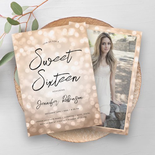 Modern Copper Lights Photo Sweet 16 Party Invitation