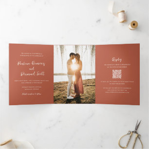 Modern Copper QR Code Simple Wedding Tri-Fold Invitation