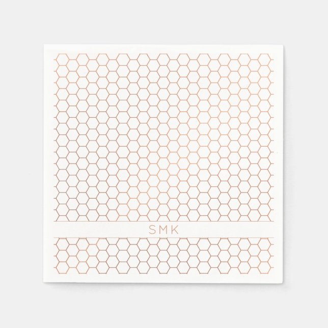 Modern Copper Rose Gold Foil Hexagon Monogram Napkins (Front)