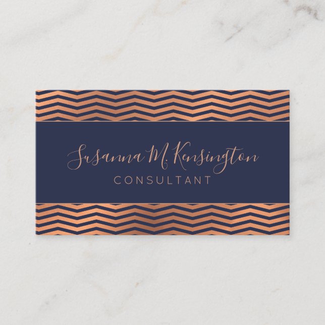 Modern Copper Rose Gold Foil Navy Blue Chevron Business Card (Front)