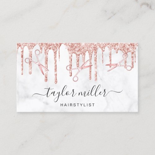 Modern copper rose gold glitter marble hairstylist business card