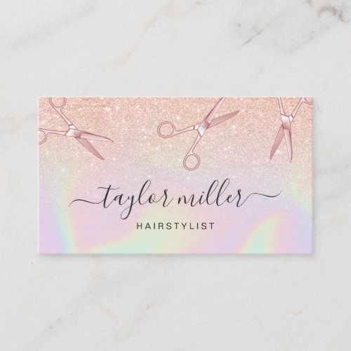Modern copper rose gold holographic hairstylist business card