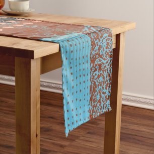 Modern Copper Teal Blue Black Geometric Patterns Short Table Runner