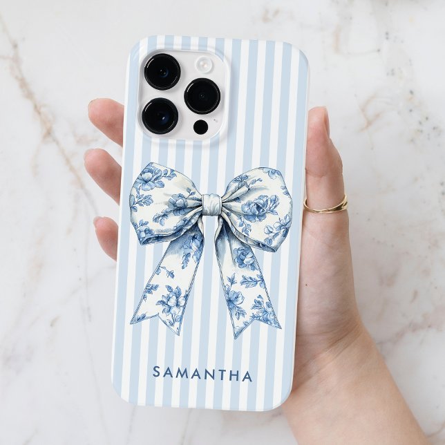 Modern Coquette Blue Stripes Girly Bow Custom Name Case-Mate iPhone Case (Modern Coquette Blue Stripes Girly Bow Custom Name Case-Mate iPhone Case for Her)