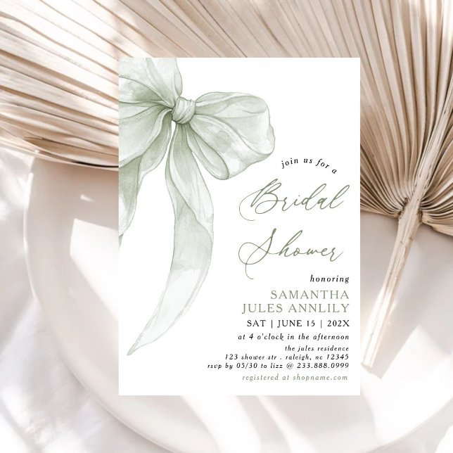 Modern Coquette Sage Green Bow Bridal Shower Invitation (Creator Uploaded)