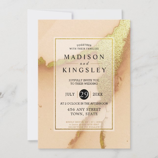 Modern Coral Abstract 🌸 Inky Oil Wedding  Invitation (Front)