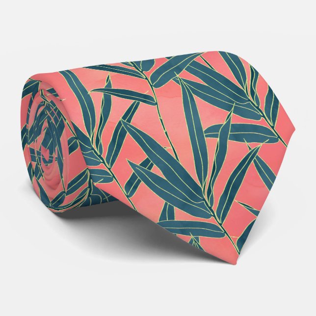 Modern coral and blue foliage design neck tie (Rolled)