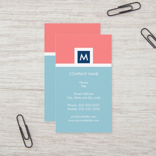 Modern Coral and Blue Monogram Business Card