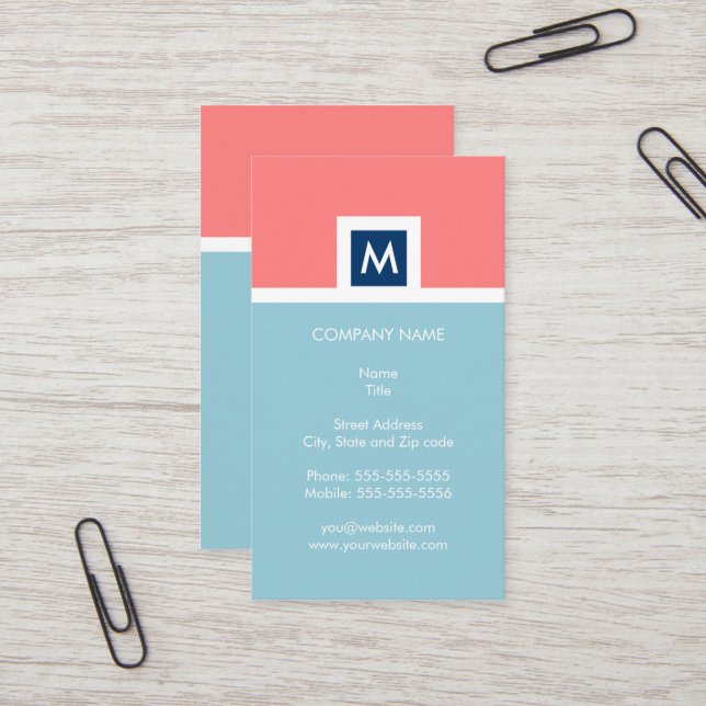 Modern Coral and Blue Monogram Business Card (Front/Back In Situ)