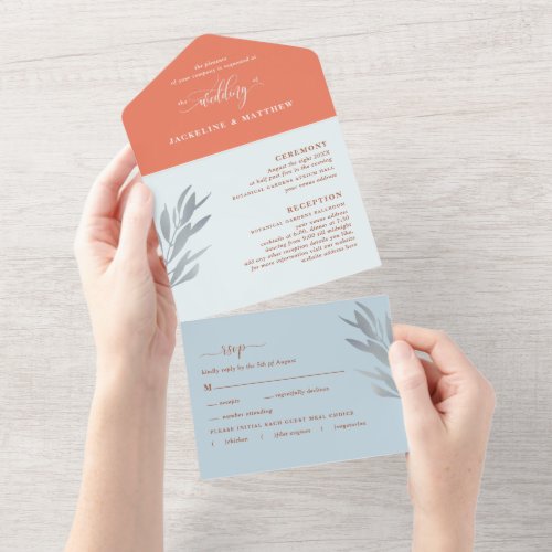 Modern Coral and Blue Wedding with Perforated RSVP All In One Invitation