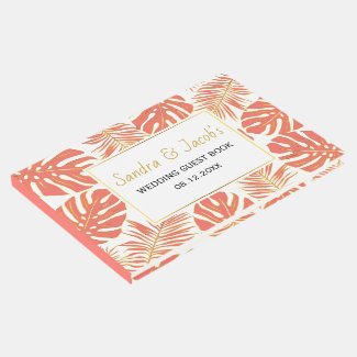 Modern coral and gold tropical leaves wedding guest book