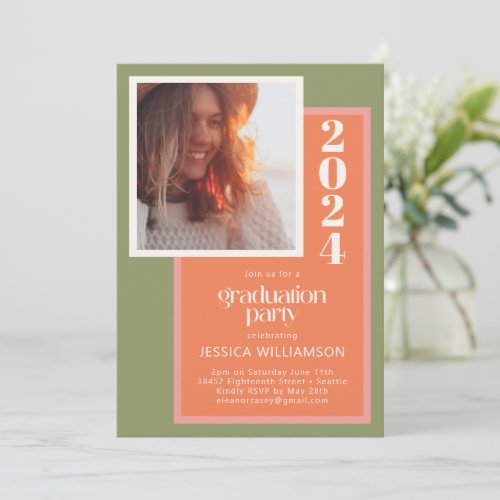 Modern Coral and Green Geometric Graduation Party Invitation