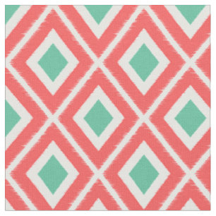 Modern Coral and Green Ikat Pattern Fabric