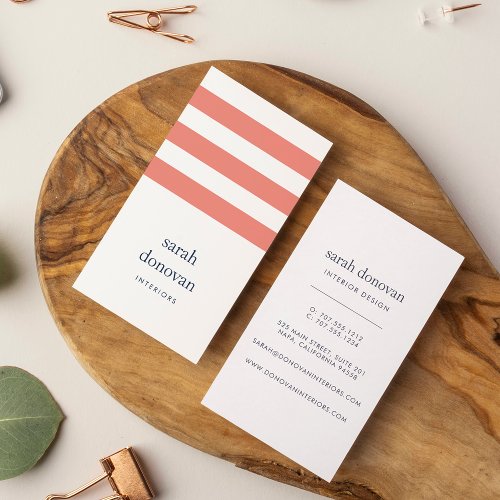 Modern Coral and Navy Stripe Business Card