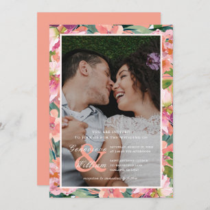 Modern Coral and Peach Floral Photo Wedding Invitation