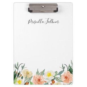 Modern Coral and Peach Watercolor Flowers Monogram Clipboard