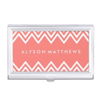 Modern Coral and White Chevron Business Card Holder