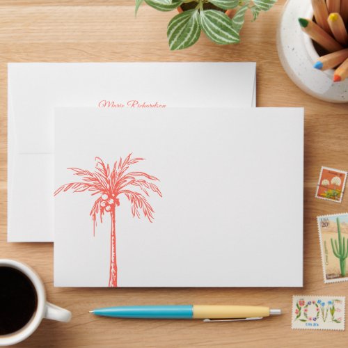 Modern Coral and White Palm Tree Beach Wedding Envelope