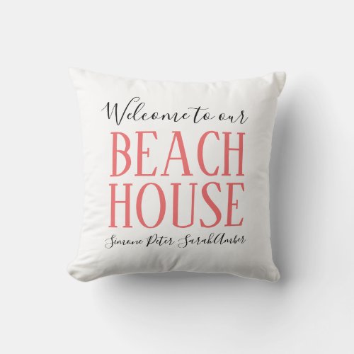 Modern coral beach house custom name   throw pillow