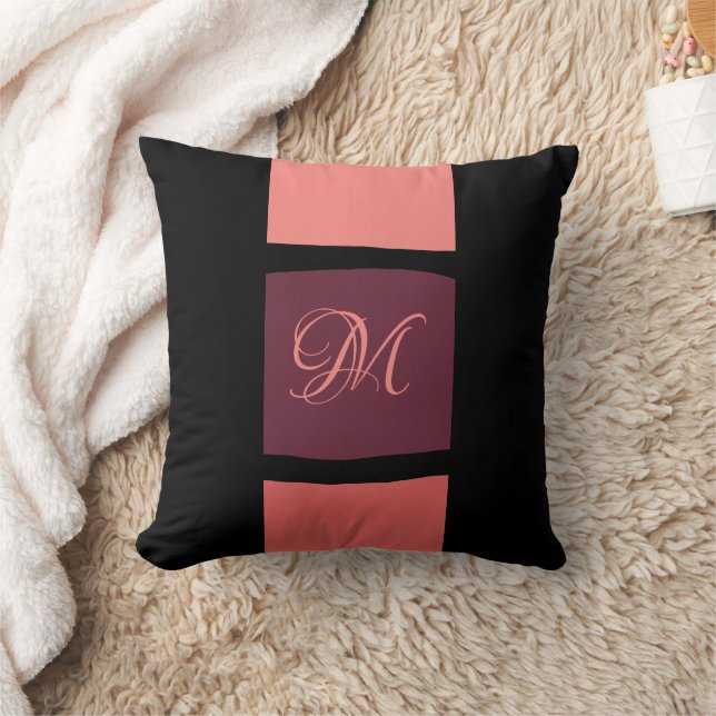  Modern Coral Black Monogram Throw Pillow (Blanket)