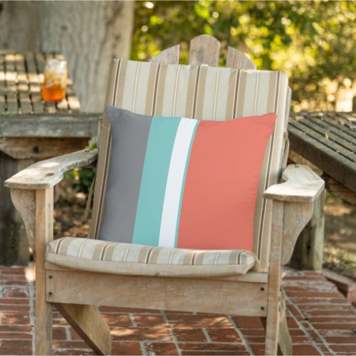 Modern Coral Blue Green Gray Colorblock Striped Outdoor Pillow