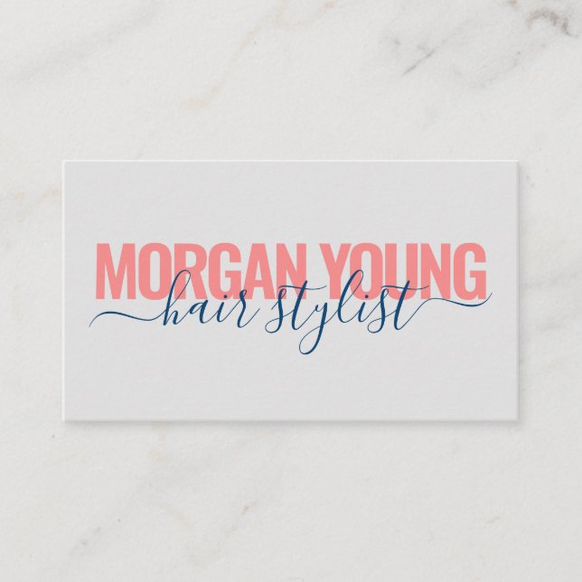 Modern coral blue hair stylist script signature business card (Front)