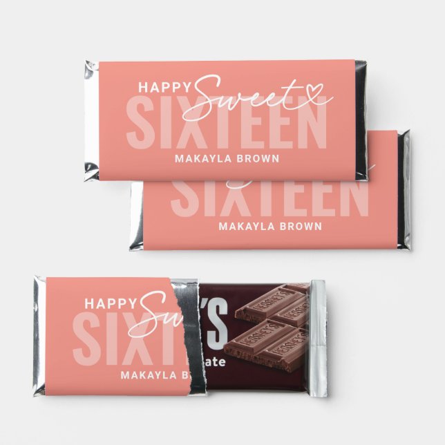 Modern Coral Blush Personalized Sweet 16 Birthday Hershey Bar Favors (Front)
