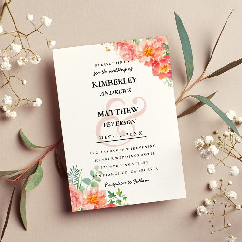 Modern coral blush pink watercolor elegant Wedding Invitation