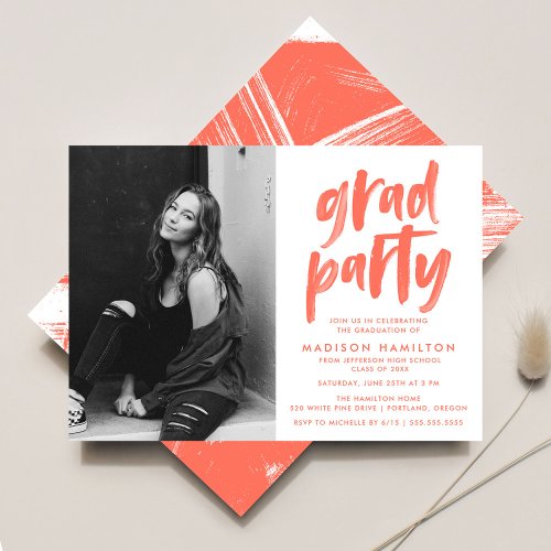 Modern Coral Brush Script Photo Graduation Party Invitation