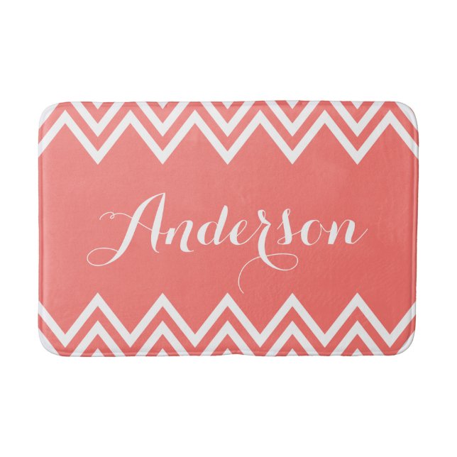 Modern Coral Chevron Custom Monogram Bathroom Mat (Front)