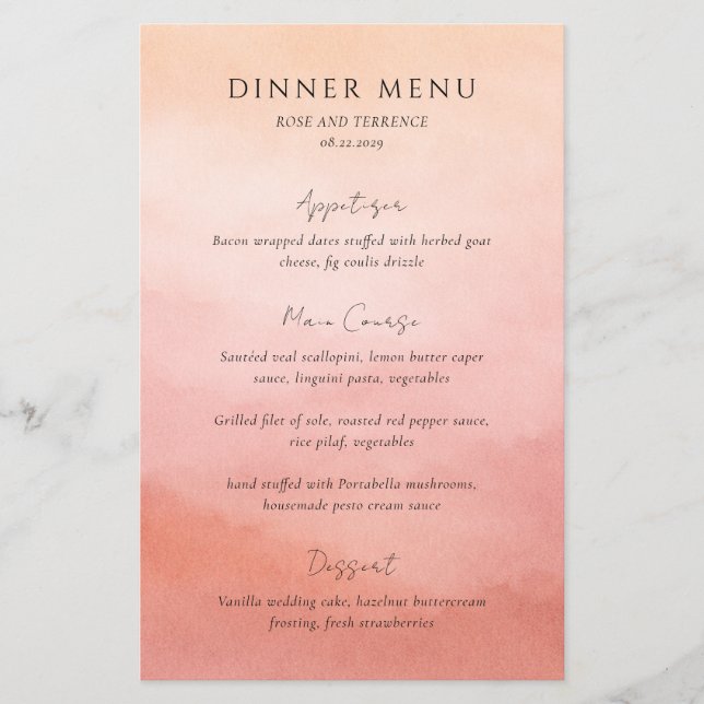 Modern Coral Coastal Chic Elegant Wedding Menu Flyer (Front)