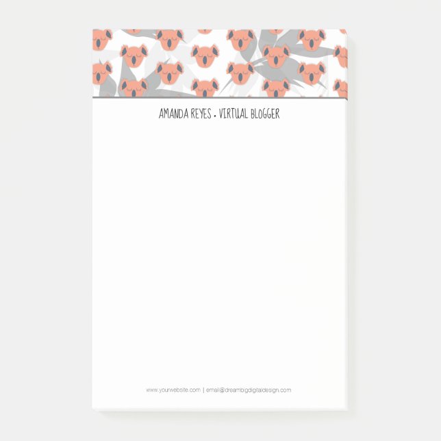 Modern Coral Cute Koala and Tropical Leaf Post-it Notes (Front)