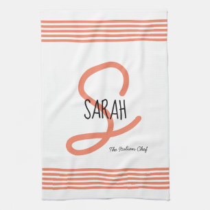 Modern Coral Elegant Monogram Hostess Kitchen Towel